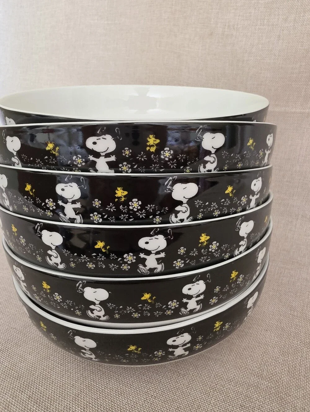 Snoopy Floral Ceramic Bowl - Black, White & Yellow Set of 6